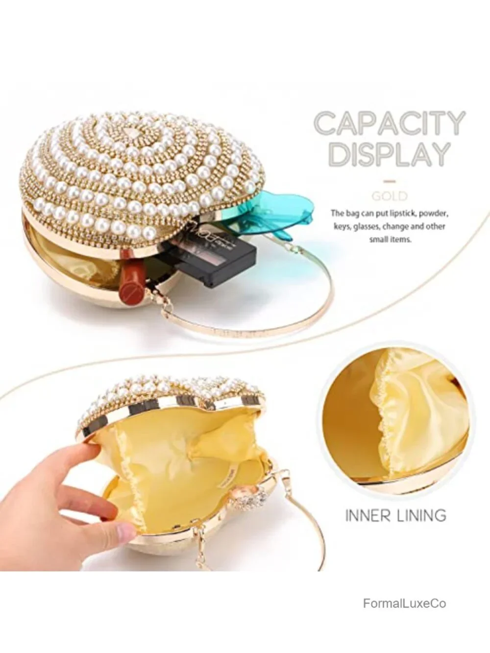 Pearl & Crystal Heart Clutch Bag with Chain Strap Handmade Evening Purse Prom